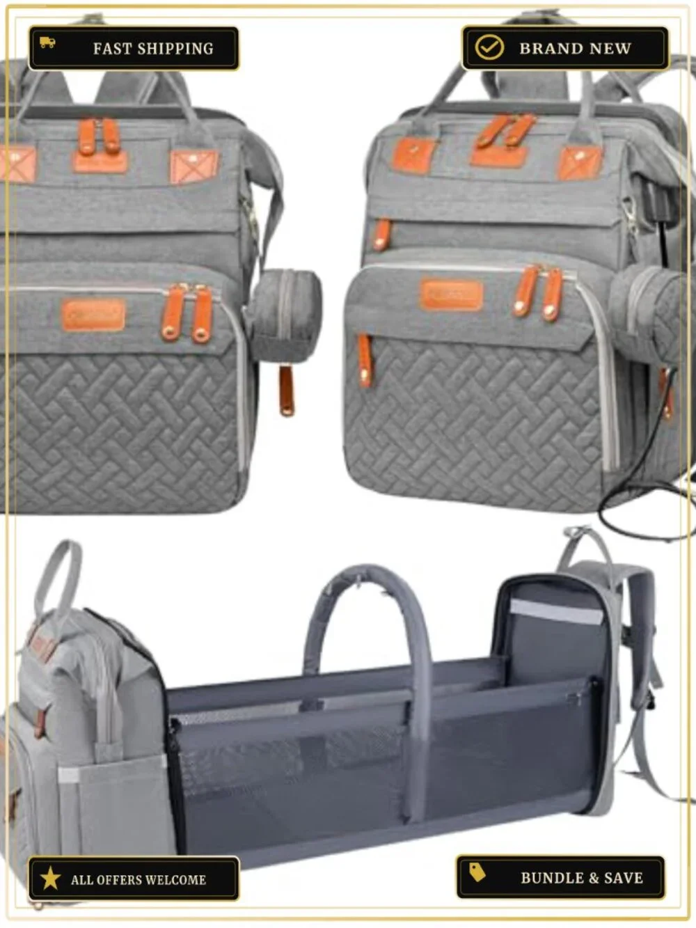Convertible 3-in-1 Diaper Bag Backpack Waterproof Oxford Canvas with Changing